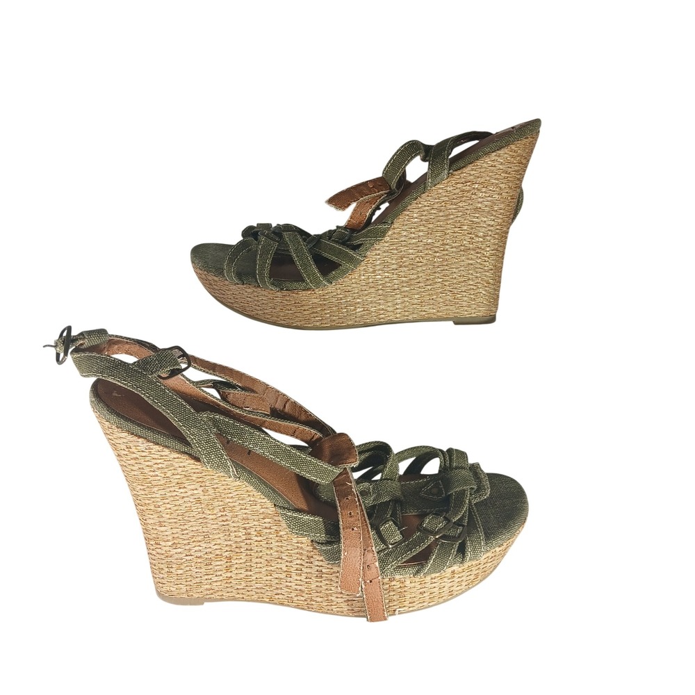 Deb Wedge Sandals 10 Green Canvas Strappy Woven Straw Platform Boho‎ Summer